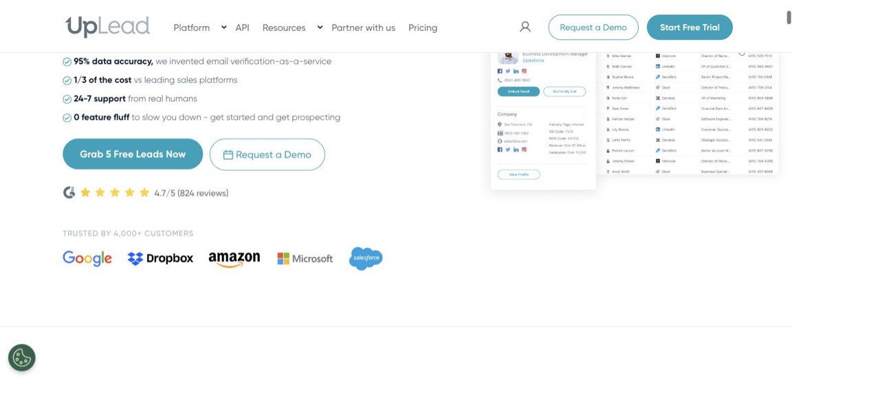 UpLead homepage claiming 95% data accuracy, 1/3 the cost of leading sales platforms, and a 4.7 out of 5 G2 rating