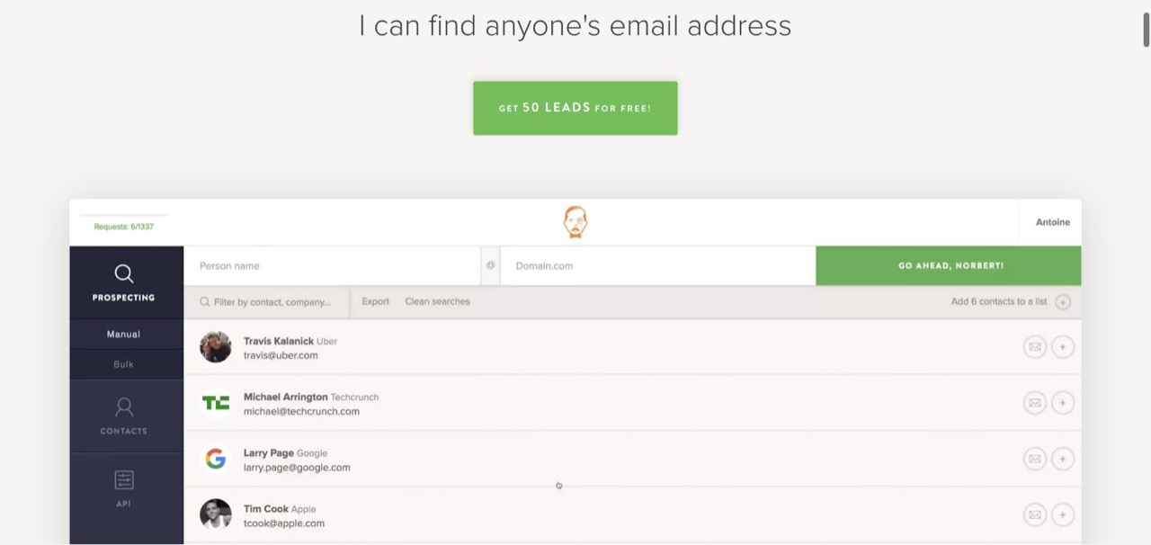 Voila Norbert prospecting interface with manual, bulk, contacts and API modes, showing example contacts at Uber, TechCrunch, Google and Apple