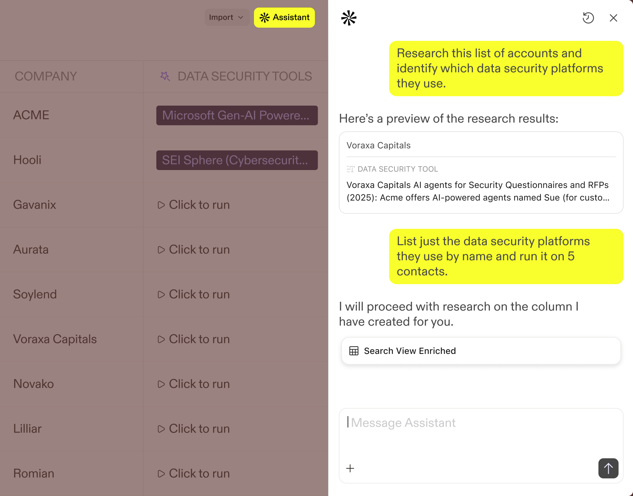 Apollo account list with an enrichment column being researched by its AI assistant panel
