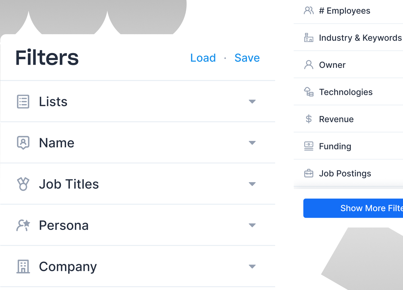 Apollo contact search with two filter panels open, showing Lists, Name, Job Titles, Persona and Company alongside Employees, Industry and Keywords, Owner, Technologies, Revenue, Funding and Job Postings