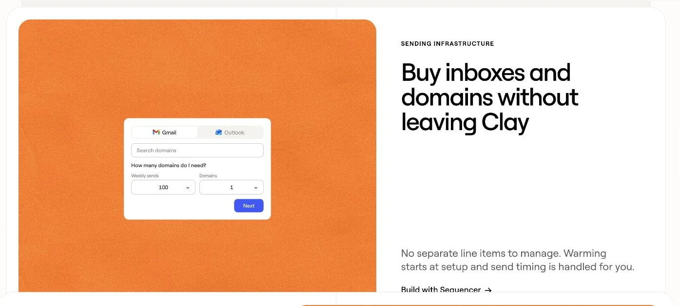 Clay Sequencer sending infrastructure screen offering Gmail or Outlook inboxes and domains bought inside Clay, with a calculator for how many domains a weekly send volume needs