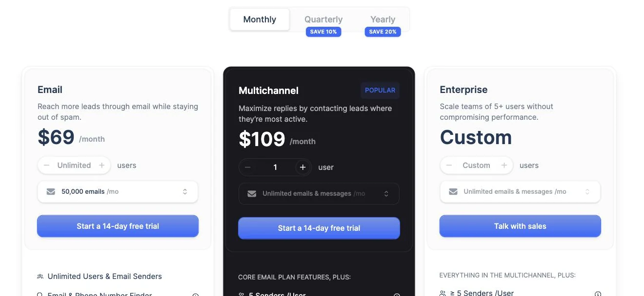 Lemlist pricing page on monthly billing showing the Email plan at $69 a month for unlimited users with a 50,000 email cap and Multichannel at $109 per user