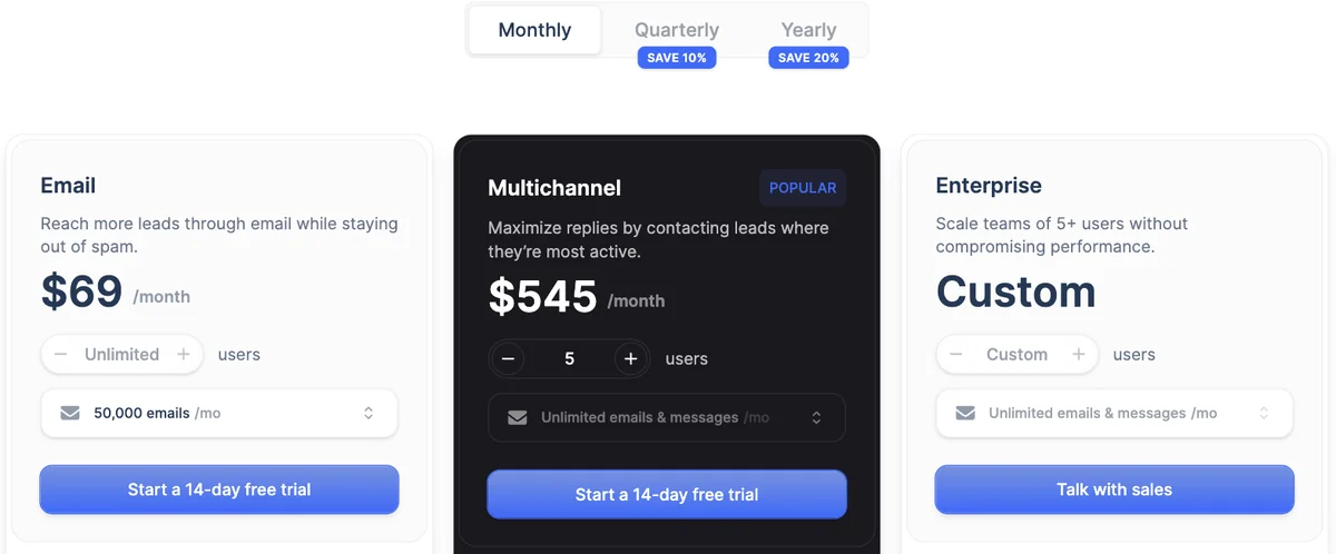Lemlist pricing page on monthly billing showing the Email plan at $69 for unlimited users and the Multichannel plan at $545 a month for five users