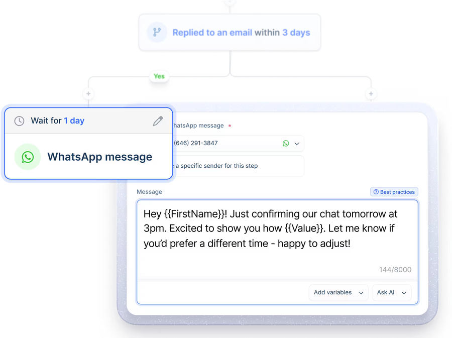 lemlist sequence builder showing a "Replied to an email within 3 days" condition branching to a one-day wait and then a WhatsApp message step with its message editor open