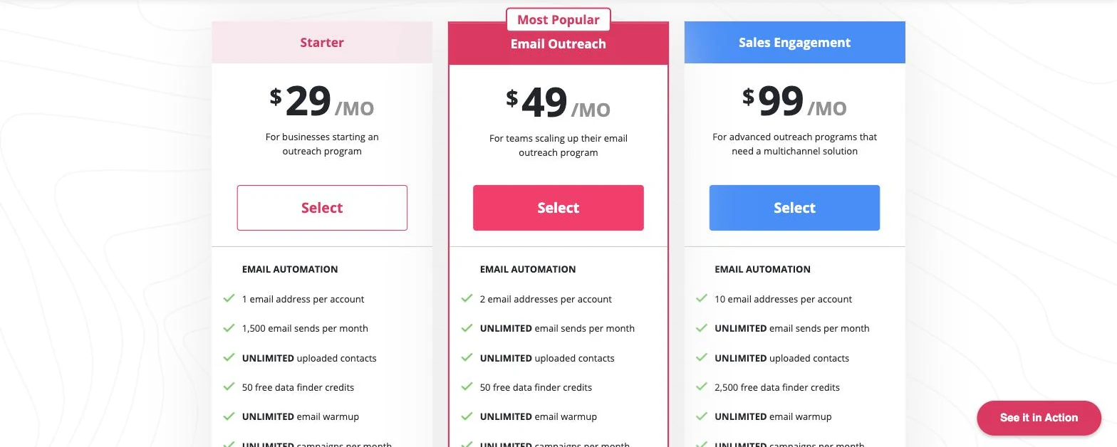 Mailshake pricing page showing Starter at $29, Email Outreach at $49 and Sales Engagement at $99 a month with mailbox and send caps listed under each