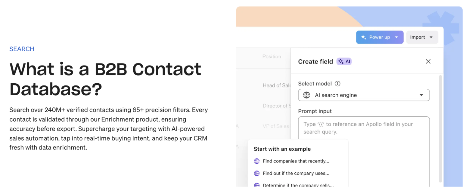 Apollo B2B contact database page explaining search over 240M+ verified contacts using 65+ precision filters, next to a screenshot of Apollo's AI create-field panel with a model selector and prompt input