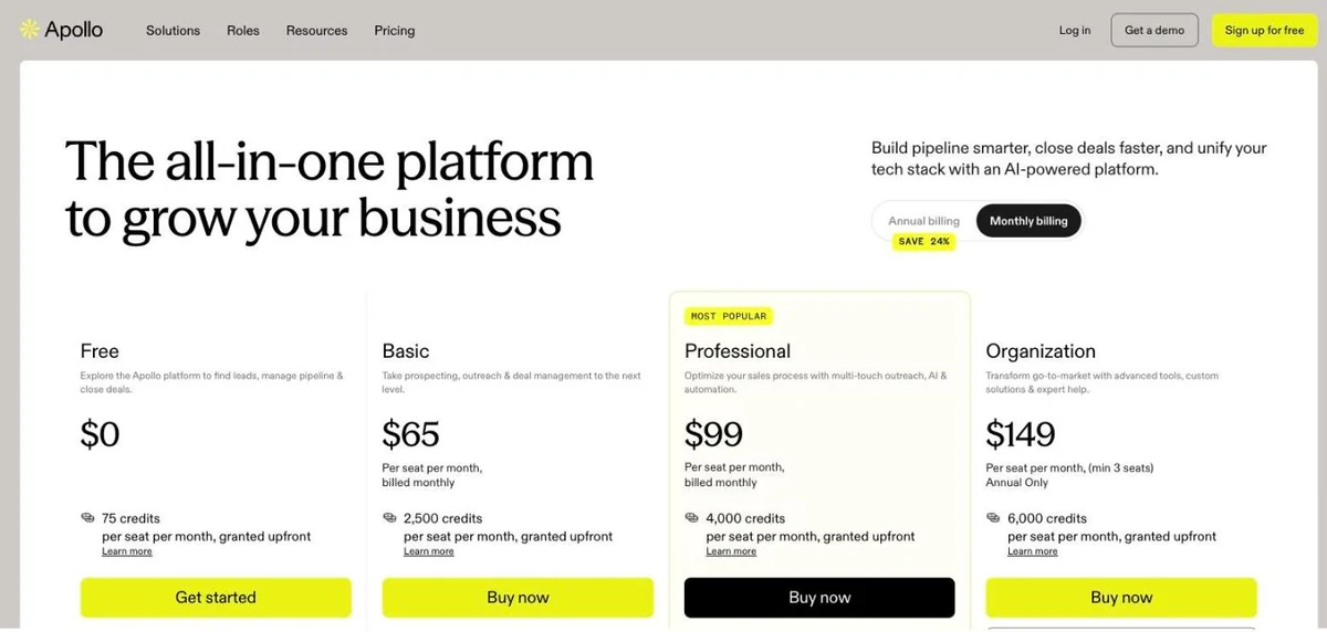 Apollo pricing page on monthly billing showing Free at $0, Basic at $65, Professional at $99 and Organization at $149 per seat per month with credits granted per seat per month