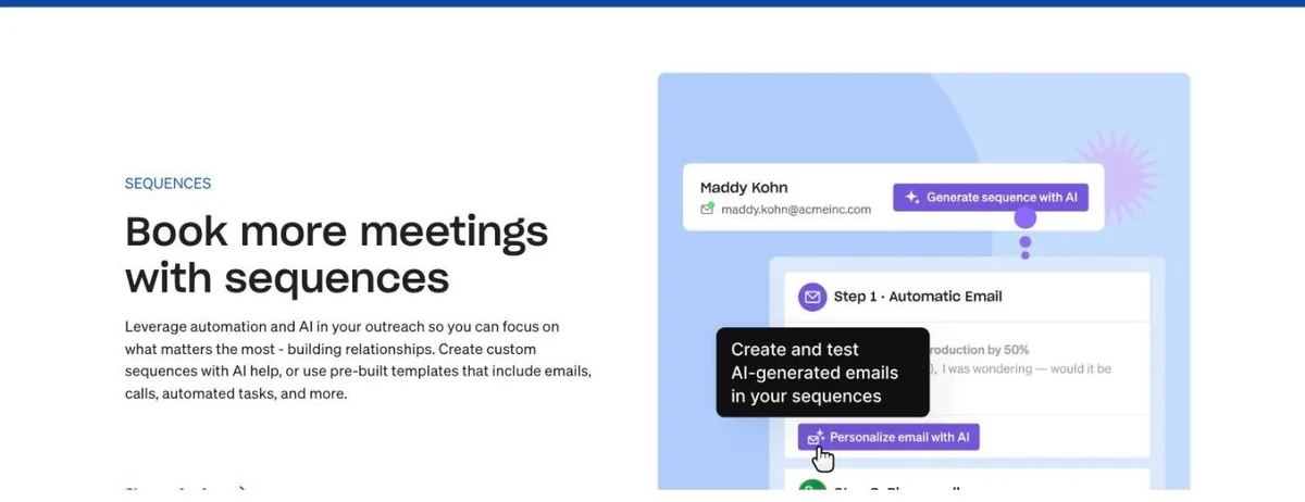 Apollo sequence builder showing Step 1 as an automatic email with a Personalize email with AI button and a Generate sequence with AI action above it