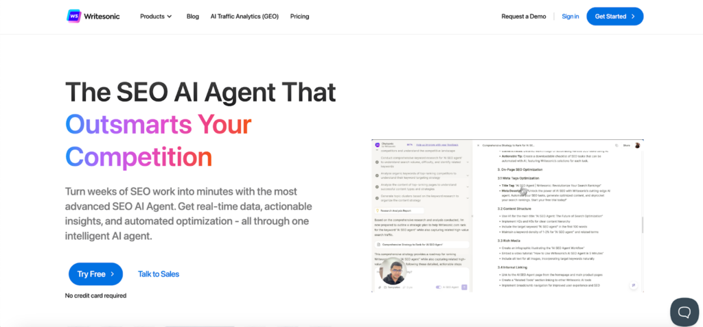 Screenshot of WriteSonic homepage showcasing its SEO AI agent