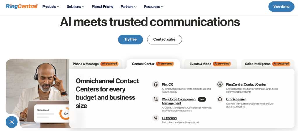 RingCentral homepage promoting scalable business communication with voice, video, and chat