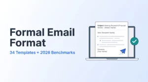 Formal email format guide hero: 34 templates and 2026 benchmarks, with a sample formal email on a laptop