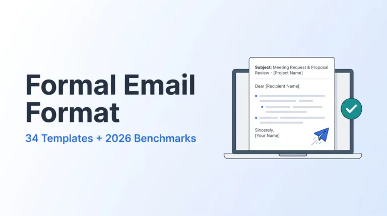 Formal email format guide hero: 34 templates and 2026 benchmarks, with a sample formal email on a laptop