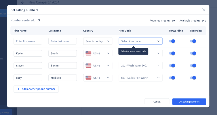 Get country specific virtual numbers with area codes using SmartReach with features such as call forwarding and recording