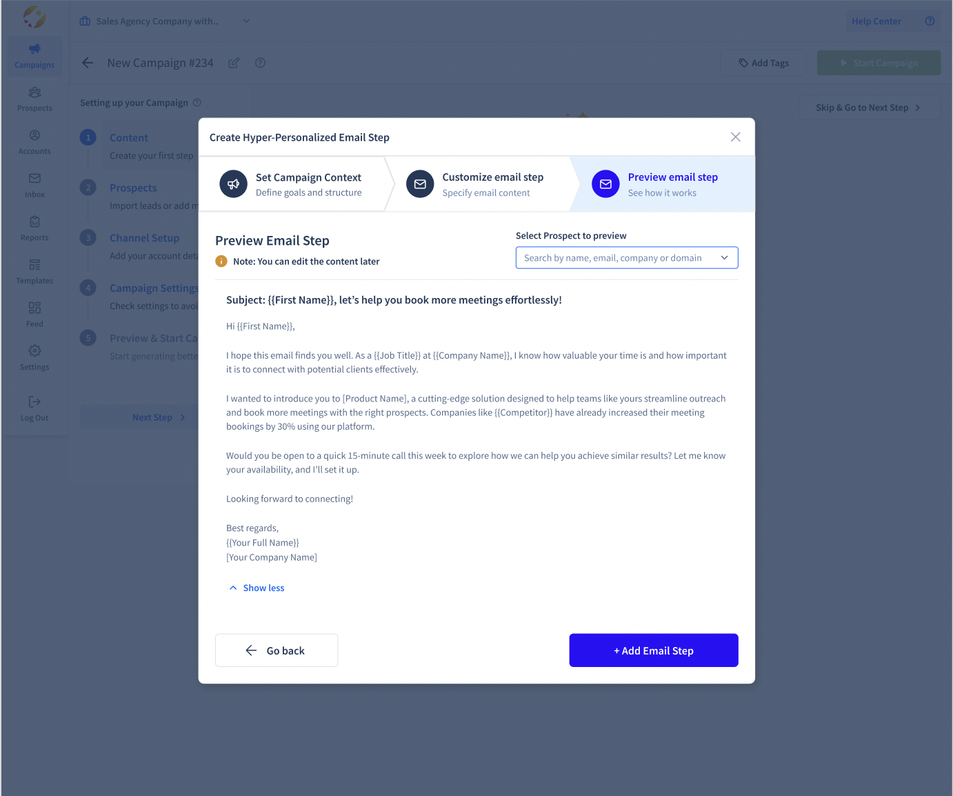 Users can preview the email copy at the end to check the personlized messaging and overview of the copy generated