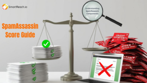 The image depicts a balanced scale, symbolizing the SpamAssassin scoring system.