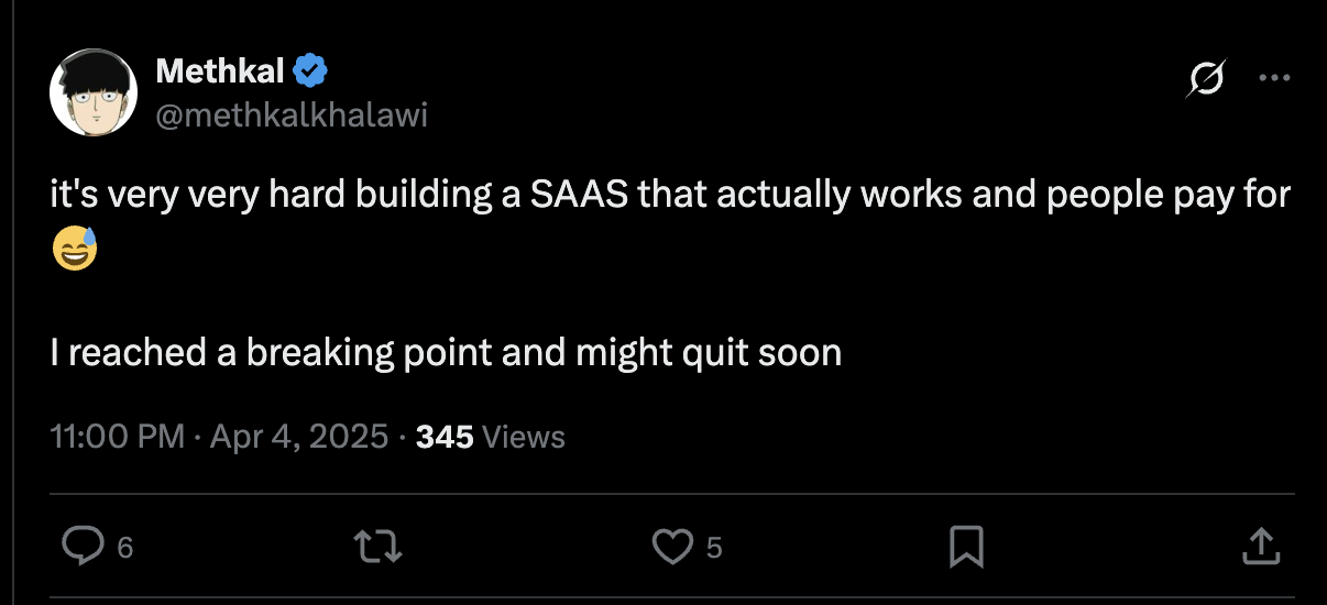 Screenshot showing Potential signal in X where one user is talking about a pain point in building SaaS that can be pitched