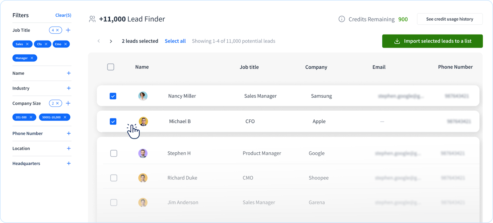 SmartReach.io provides a 250 Million+ b2B contact database inside its platform for users to find contact details and building prospect list