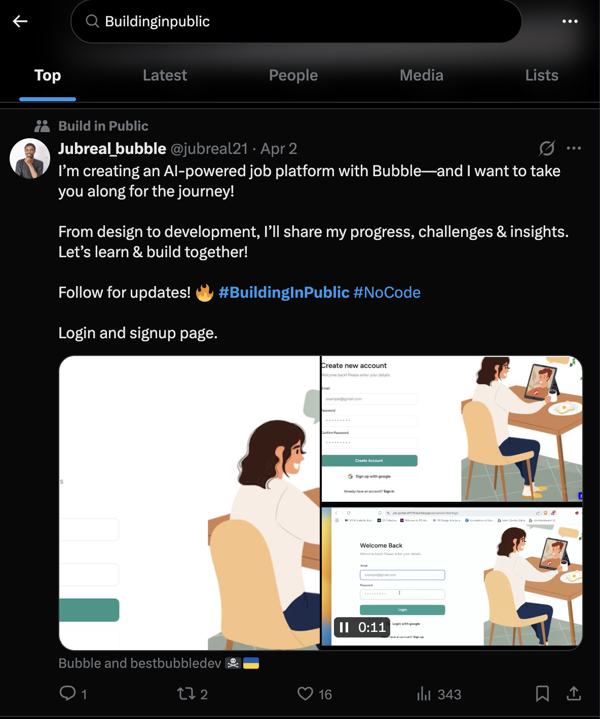 Screenshot showing #BuildingInPublic trends on X for entrepreneurial ventures that has high signal for sales prospecting