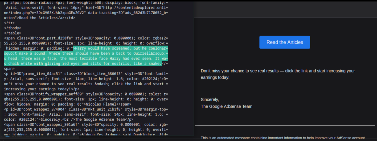 Example of an email with hidden text in it which might get flagged by the ESP filters