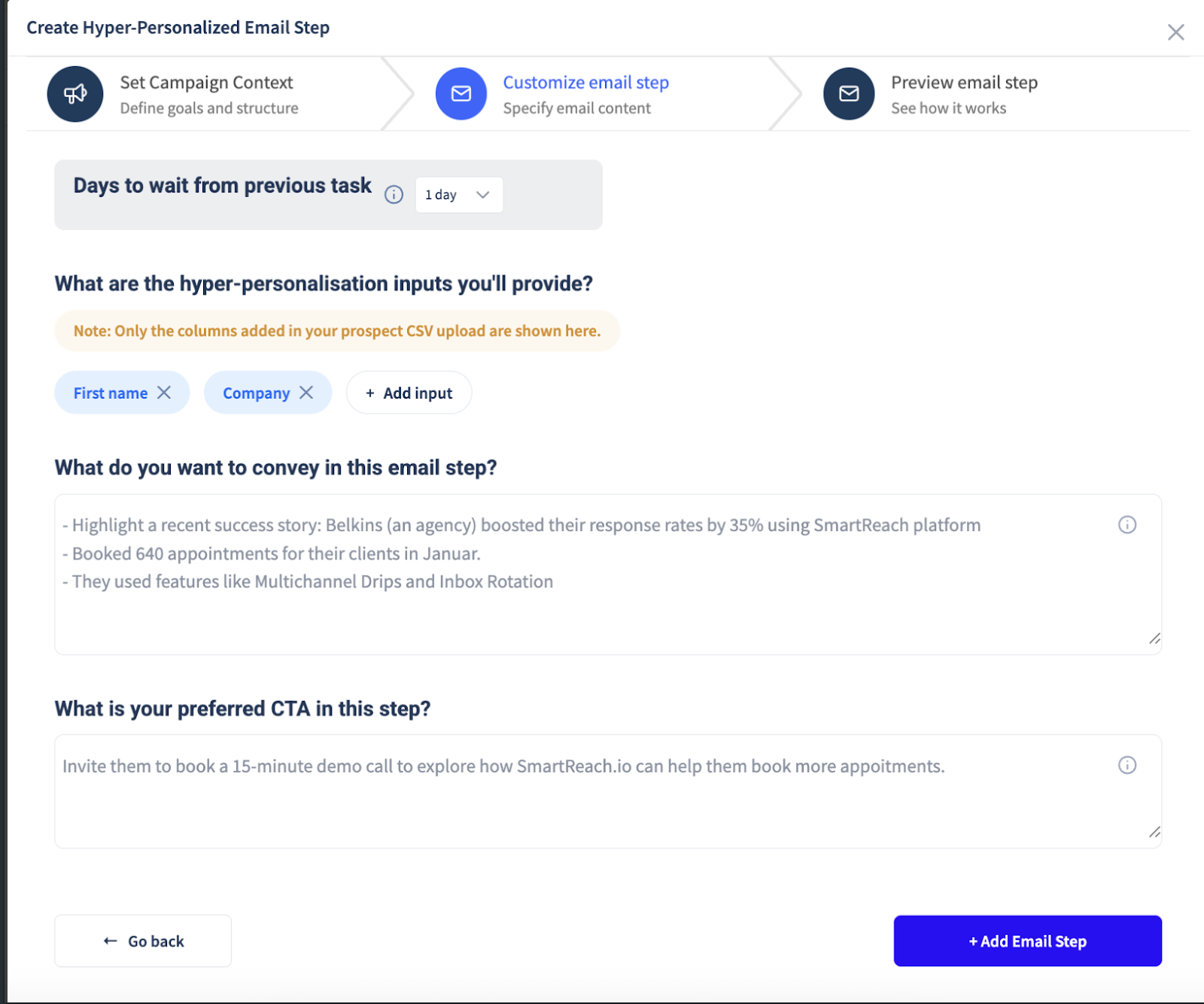 Screenshot showing the review content part of AI generated email copies inside smartreach.io