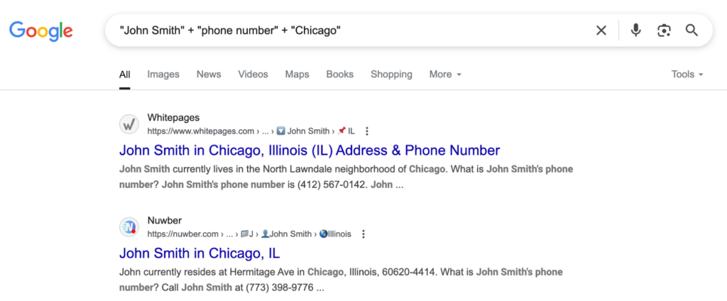 find someone's phone number with google search