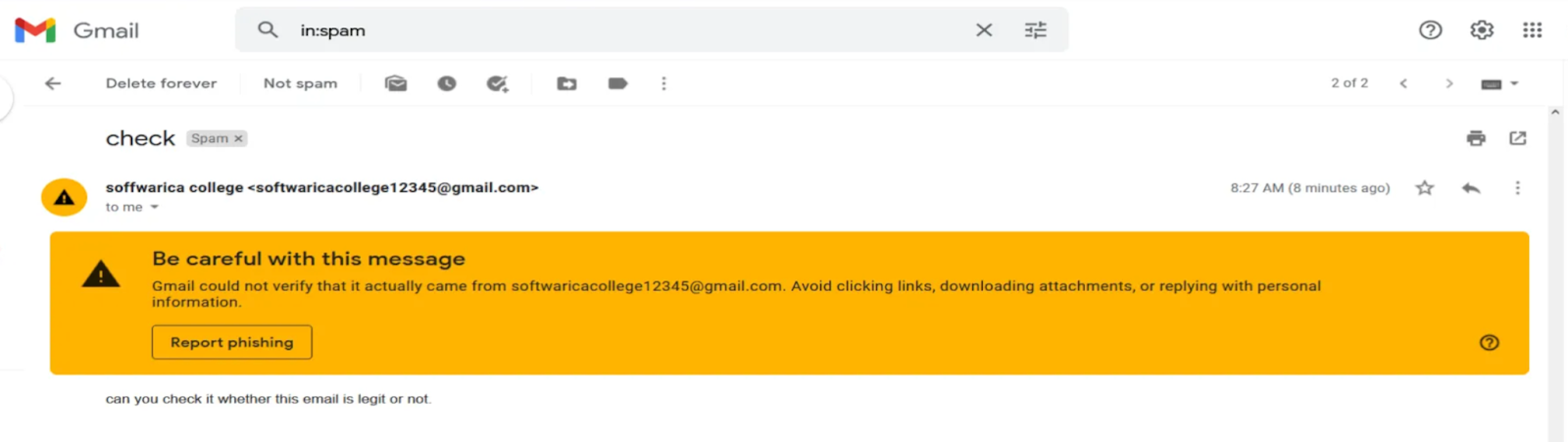 example of a fake email with mismatched domain and user name