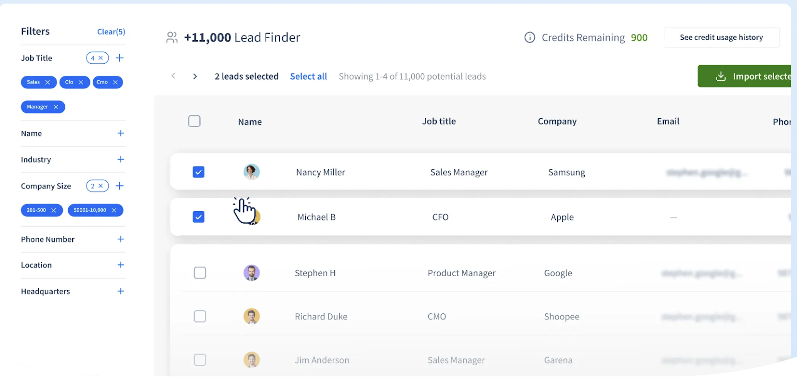 SmartReach.io provides an in-built data collection pool for finding relevant prospect contact data and exporting them directly into the campaign