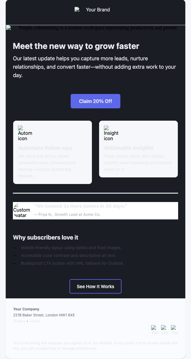 example of a HTML email format example in the table layout style