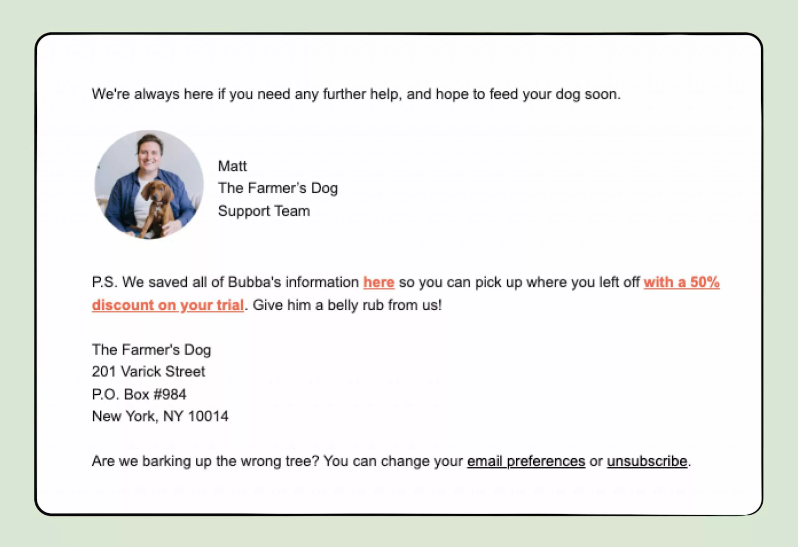 Example screenshot of an email footer with physical address 