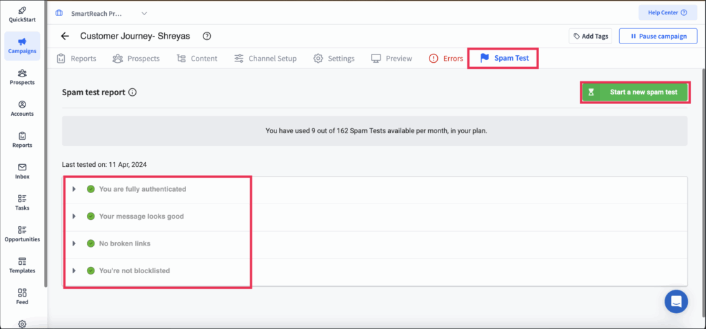 How SmartReach.io provides a free email spam test for unlimited times for checking email records, technicalities etc
