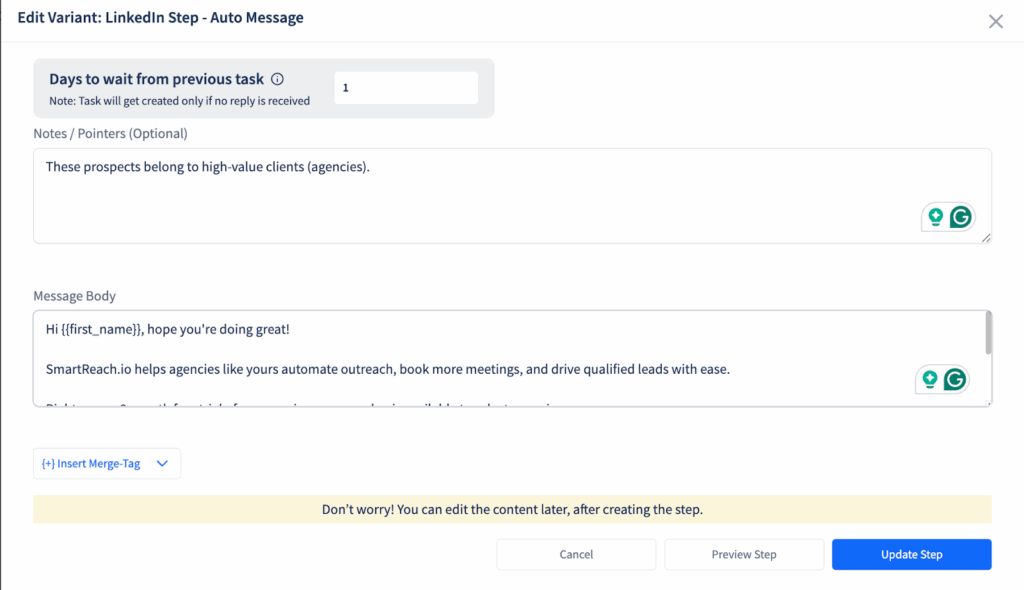 *content addition windown for LinkedIn messages/inMails