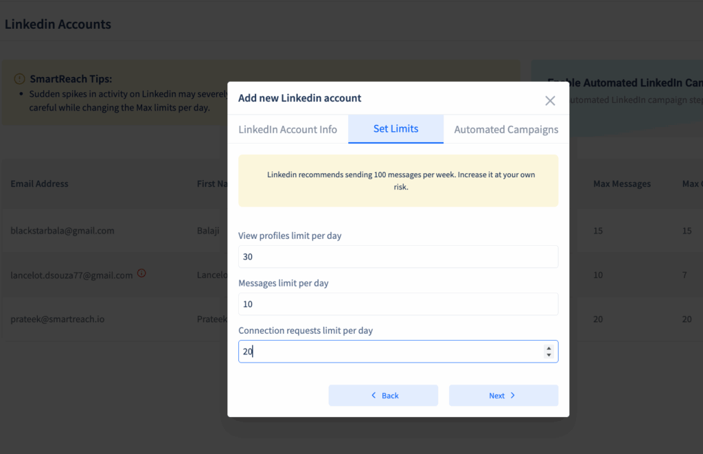 *LinkedIn automation daily limits inside SmartReach.io for automating LinkedIn tasks