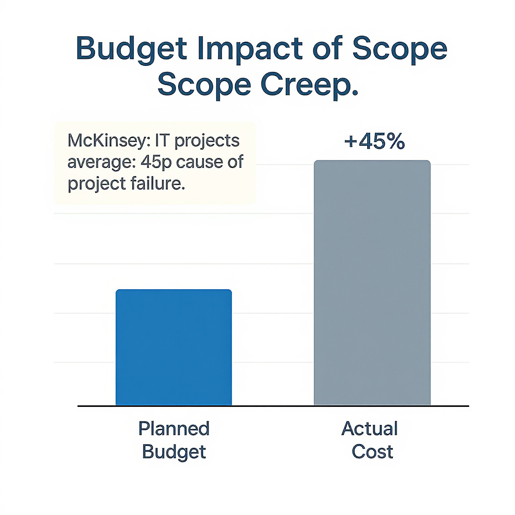 Bar chart titled ‘Budget Impact of Scope Creep’ comparing planned budget vs. actual cost, showing projects running 45% over budget. Includes callouts citing McKinsey and PMI on poor requirements and unclear scope as leading causes of project failure