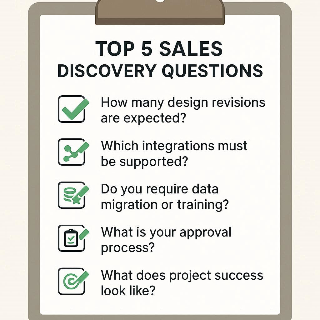 Checklist titled ‘Top 5 Sales Discovery Questions’ on a clipboard, showing questions about design revisions, integrations, data migration or training, approval process, and project success, with green checkmarks and simple icons in a clean modern style.