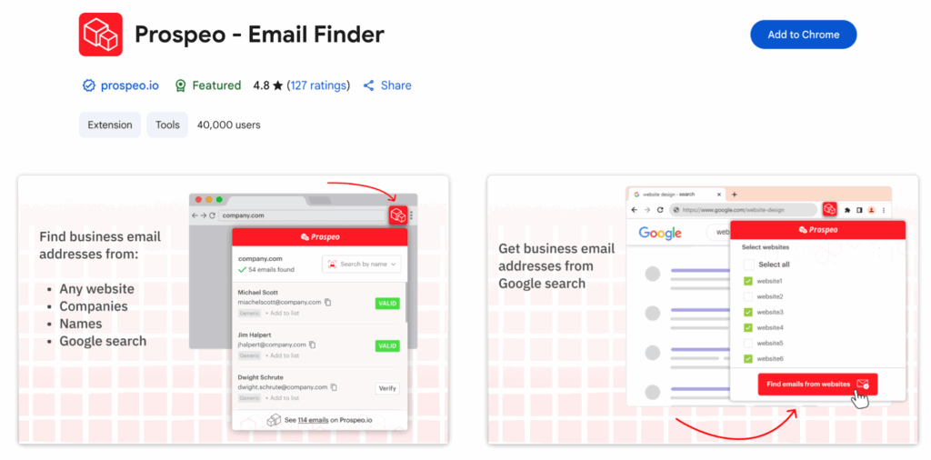 Prospeo provides a Chrome extension, mobile contact finder, and API access for finding prospect contact data. 