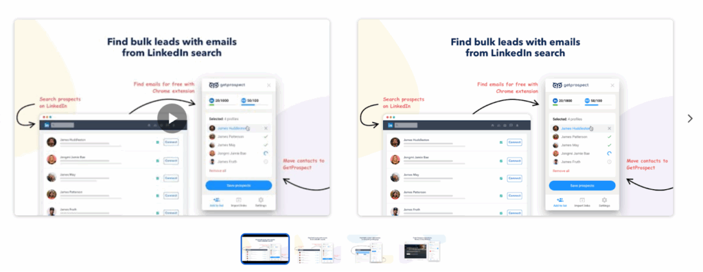 GetProspect is a Chrome extension that extracts emails from LinkedIn profiles and organizes them into structured lead lists.