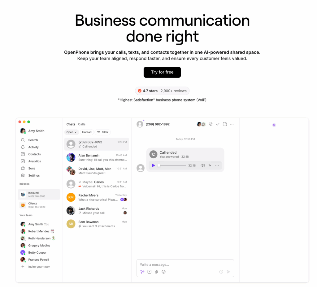 Homepage screenshot of OpenPhone, a VoIP calling tool for small businesses