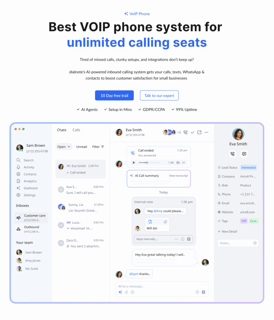 homepage screenshot of dialnote business phone system for small businesses