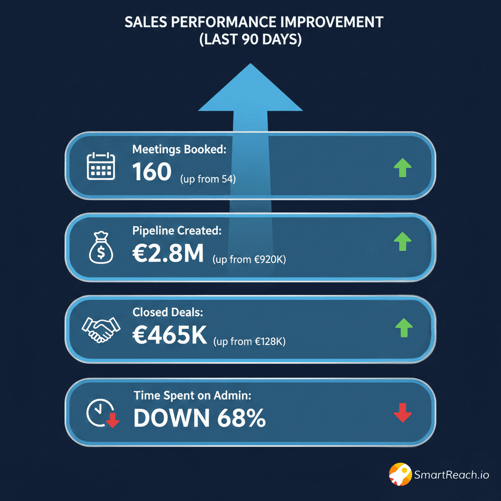 Meetings booked: 160 (up from 54 total in previous 90 days)
Pipeline created: €2.8M (up from €920K)
Closed deals: €465K (up from €128K)
Time spent on admin: Down 68%