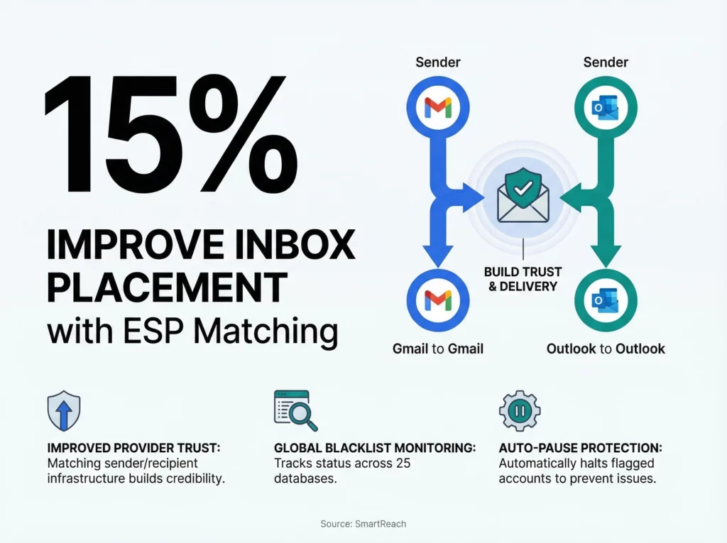Infographic showing ESP matching improves inbox placement by 15 percent according to SmartReach data