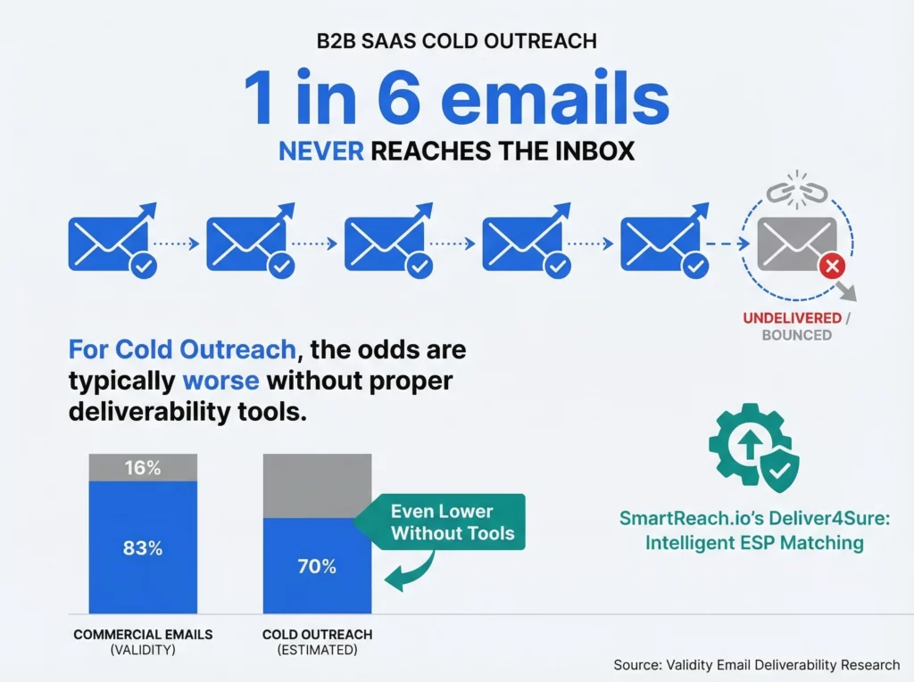 Infographic showing 1 in 6 commercial emails never reaches the inbox with cold outreach facing even worse odds