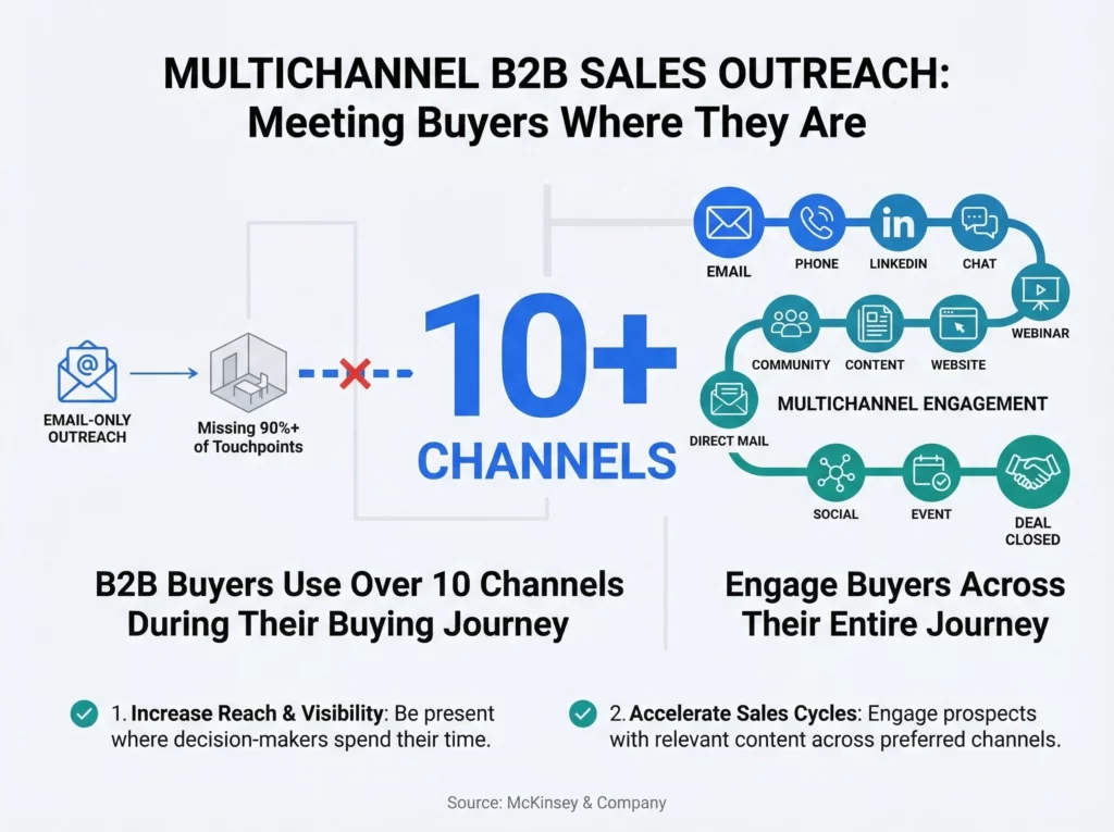 Infographic showing B2B buyers use 10 plus channels during buying journey according to McKinsey