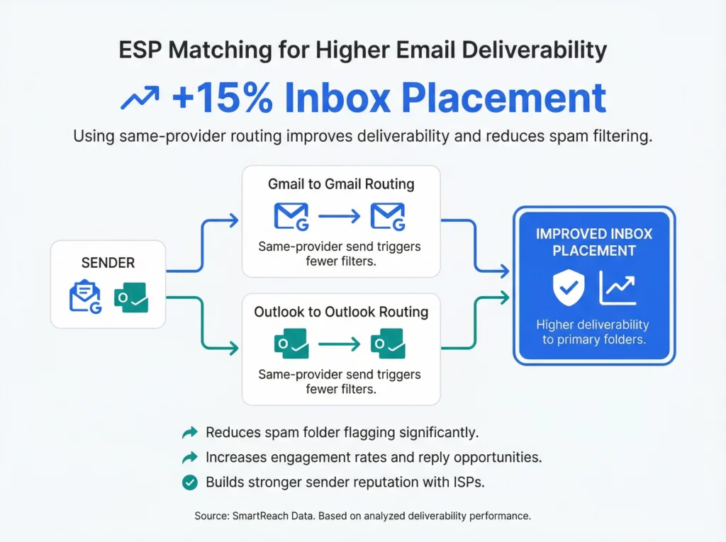 Infographic showing SmartReach ESP matching improves inbox placement by 15% through Gmail-to-Gmail and Outlook-to-Outlook routing