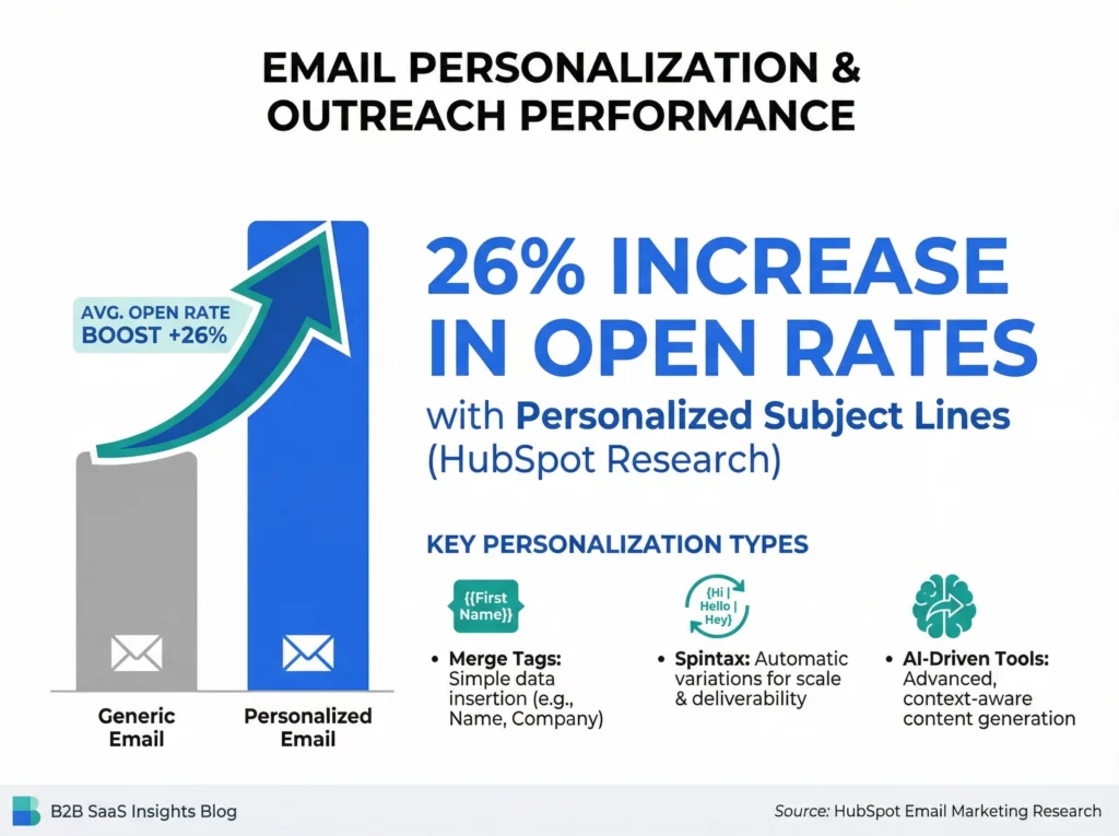 Infographic showing personalized email subject lines increase open rates by 26% on average according to HubSpot research