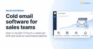 Hero section promoting cold email software for sales teams, with bold left headline and a right illustration of a laptop graph and delivery envelope