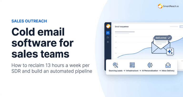 Hero section promoting cold email software for sales teams, with bold left headline and a right illustration of a laptop graph and delivery envelope