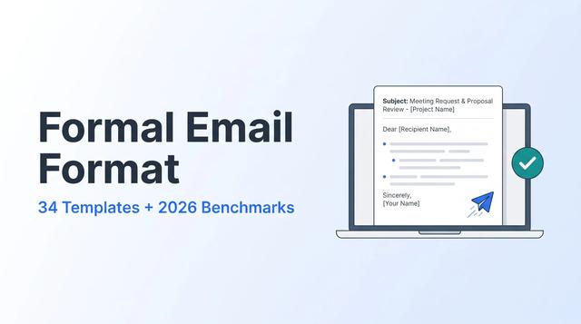 Formal email format guide hero: 34 templates and 2026 benchmarks, with a sample formal email on a laptop
