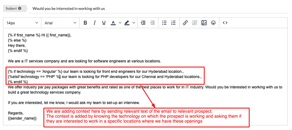 Example screenshot of a dynamic email inside SmartReach.io