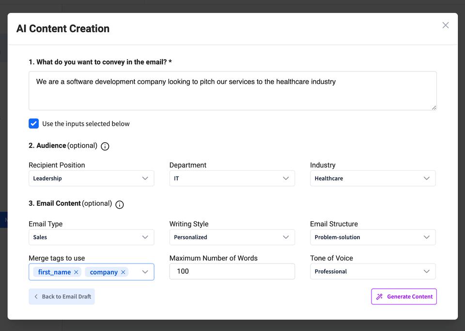 Create email content with advanced AI language model