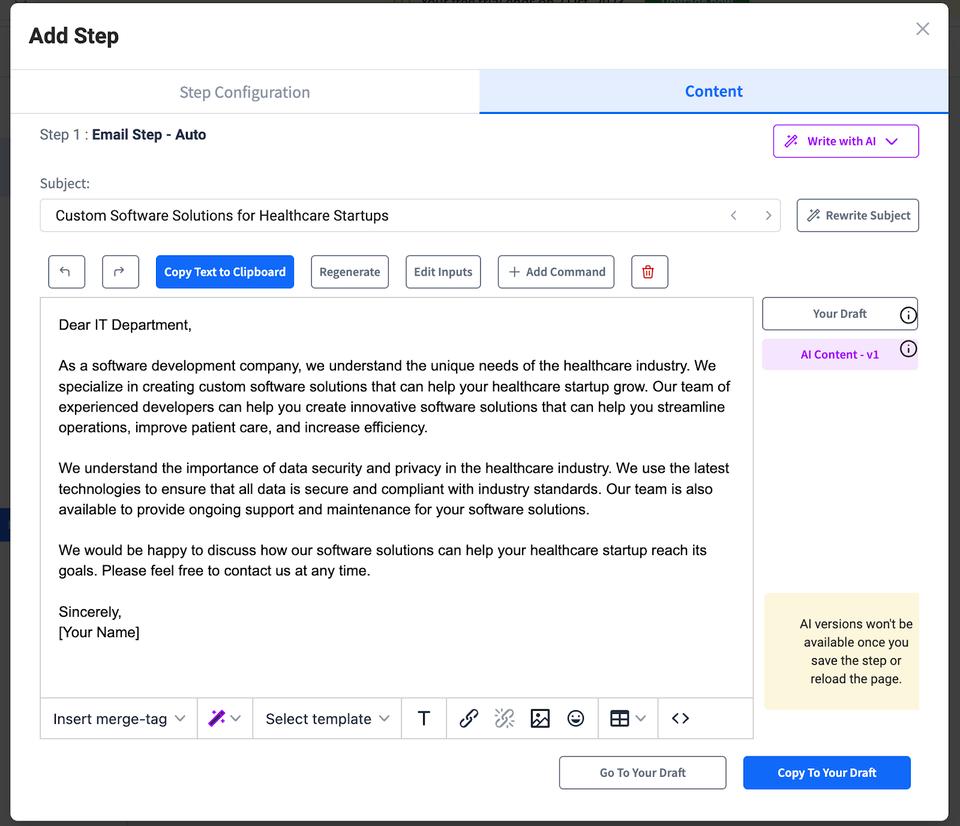 Generate complete email copies in few seconds by giving AI few prompts